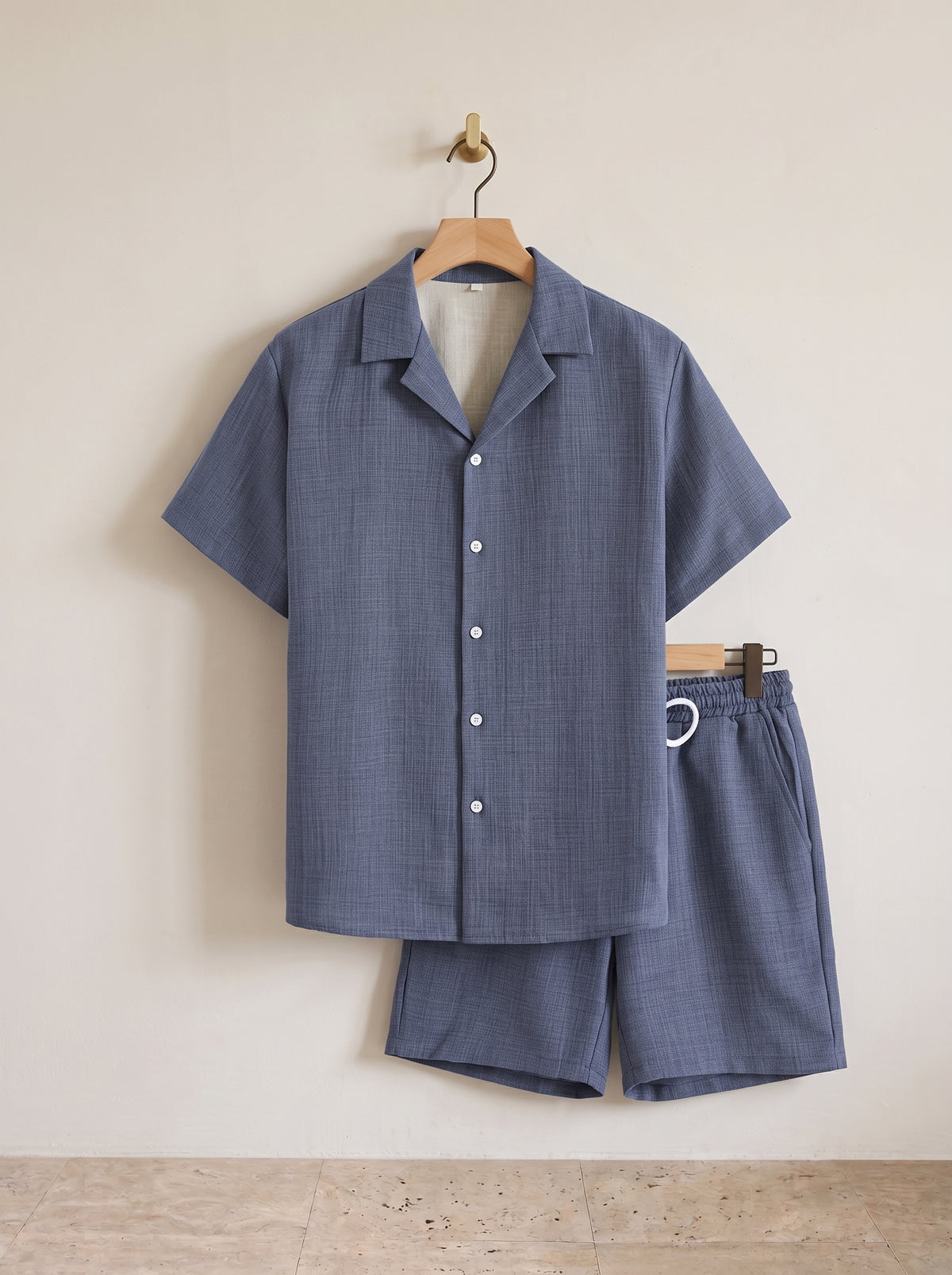 Azul | Conjunto camisa gola cubana texturizada e short Mahón azul – peça sozinha, foto de produto