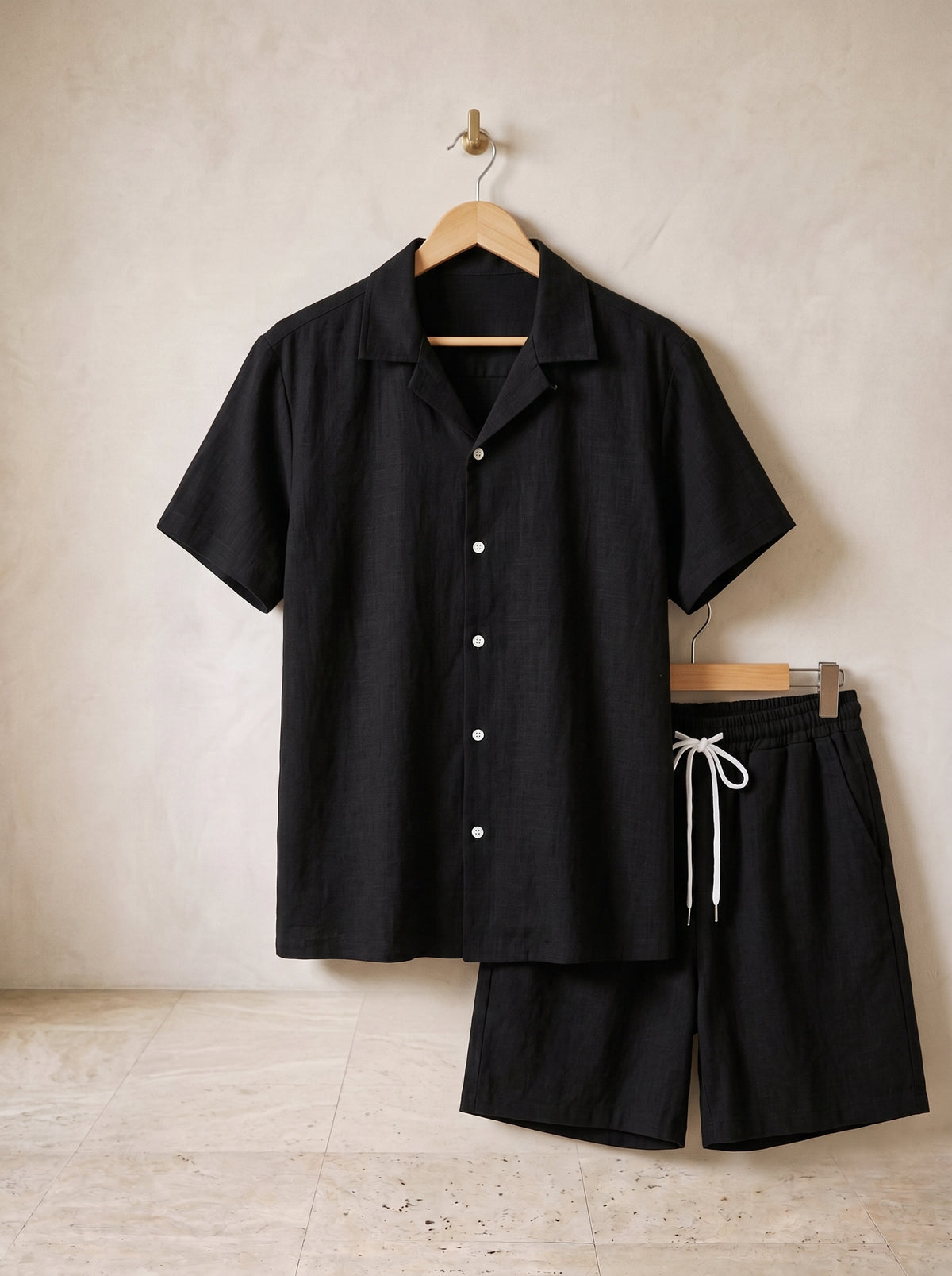 Preto | Conjunto camisa gola cubana texturizada e short Mahón preto – peça sozinha, foto de produto
