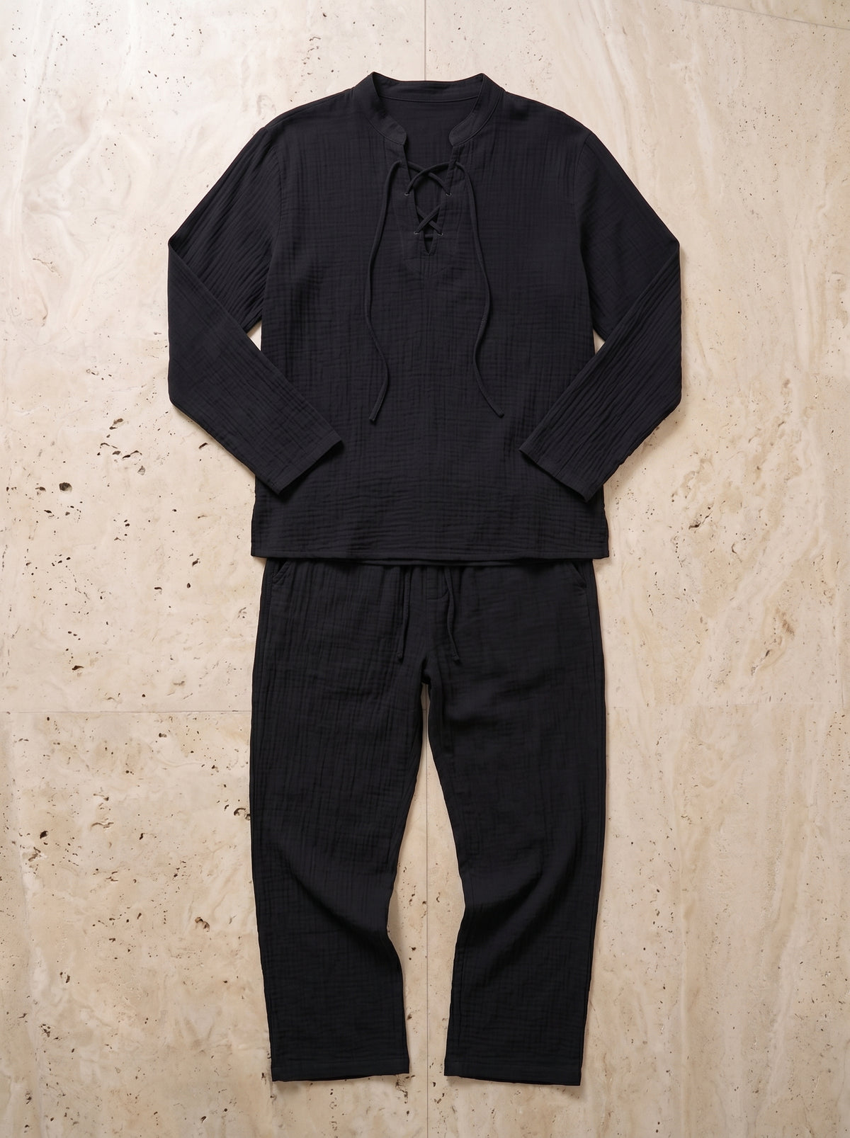 Preto | Conjunto bata e calça de algodão Marbella preto – peça sozinha vista de cima