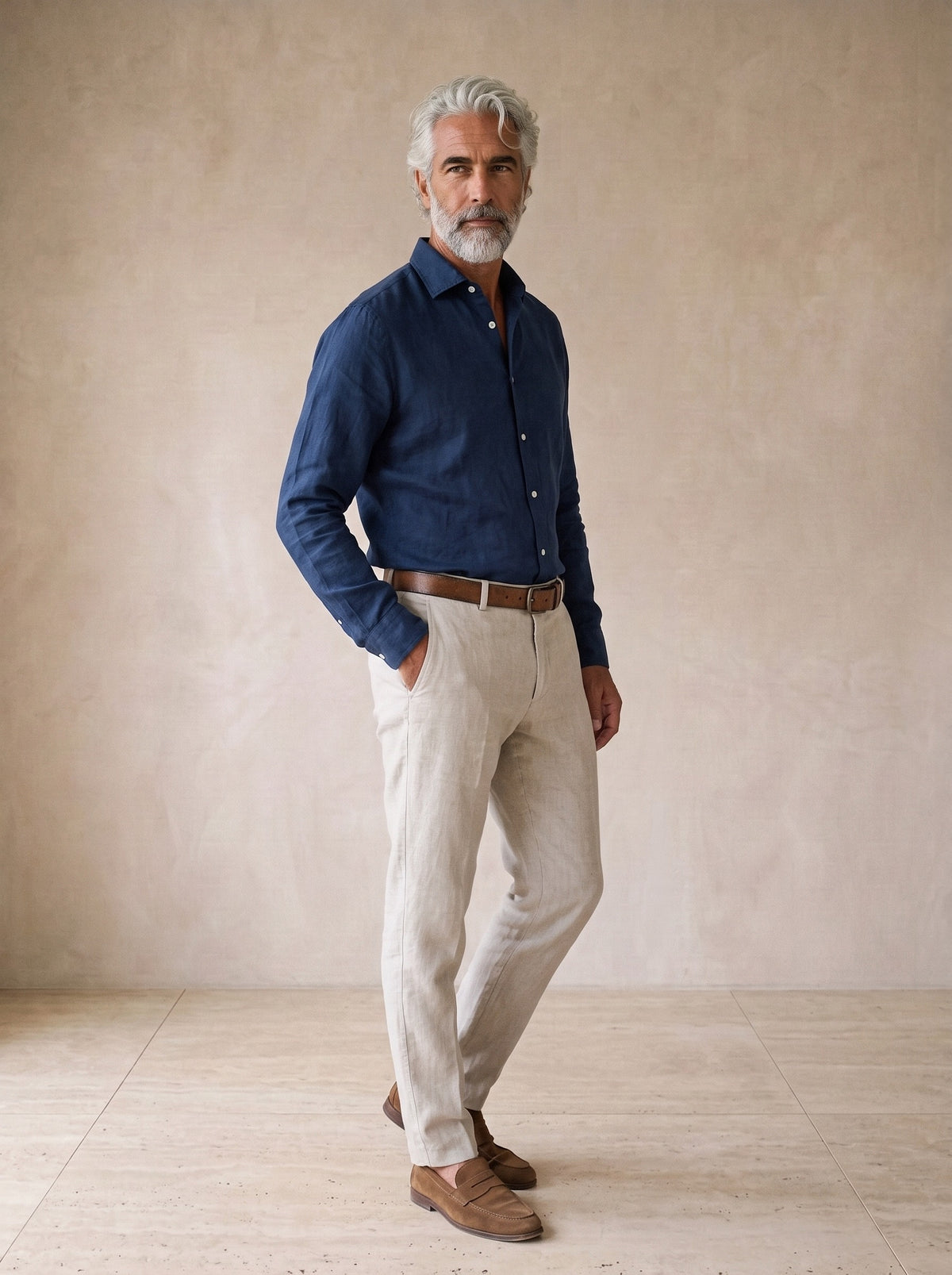 Azul-marinho | Camisa social de linho slim Marselha azul-marinho – vista três quartos