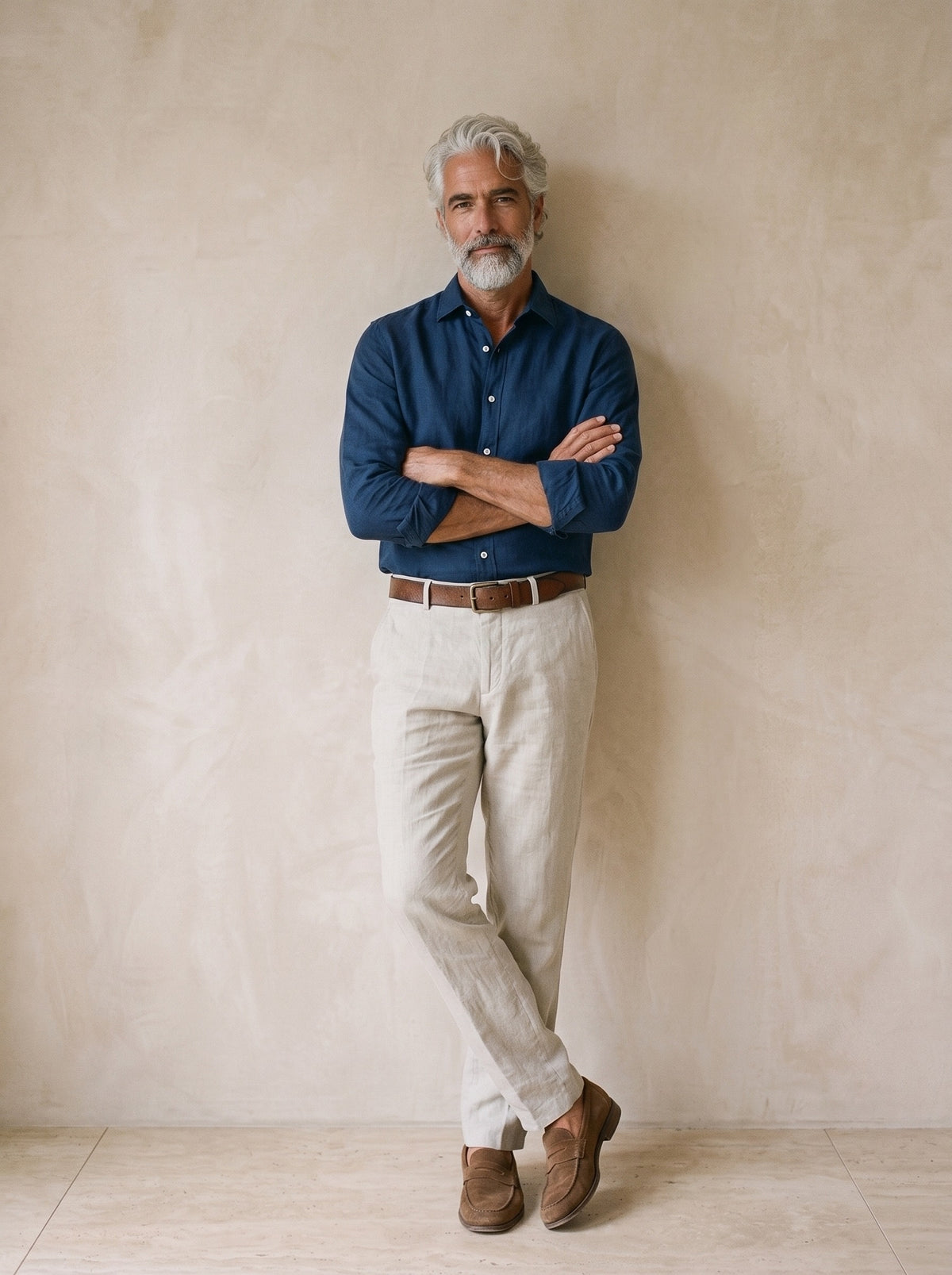 Azul-marinho | Camisa social de linho slim Marselha azul-marinho – modelo encostado na parede
