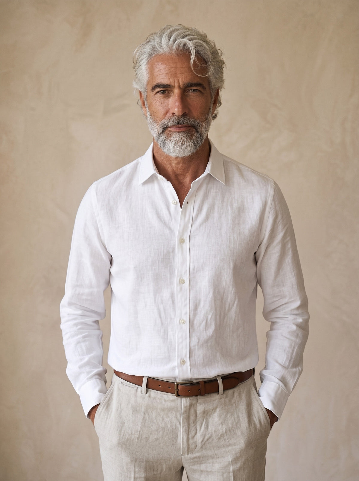 Branco | Camisa social de linho slim Marselha branco – vista de frente, recorte próximo