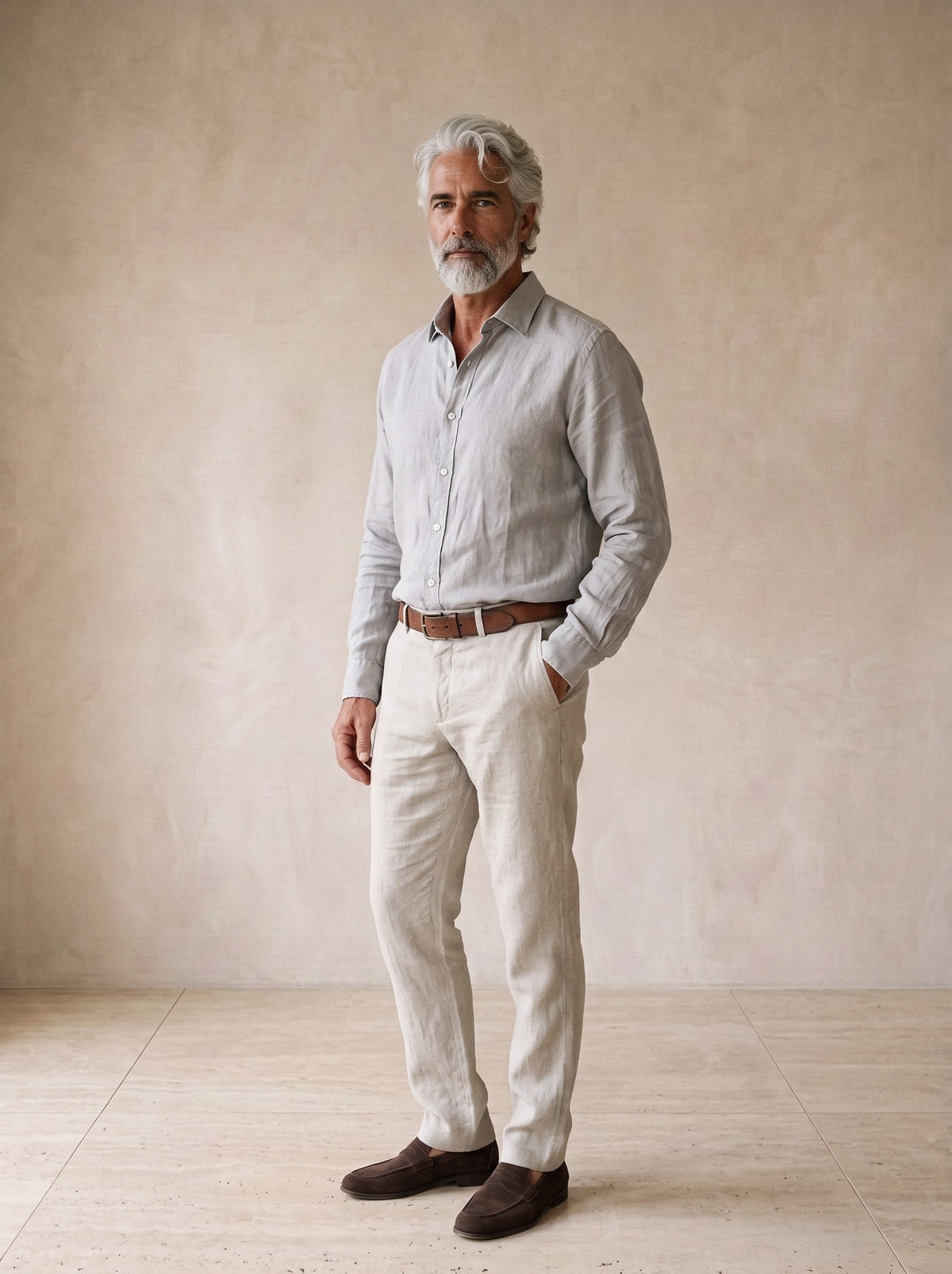 Cinza | Camisa social de linho slim Marselha cinza – vista três quartos