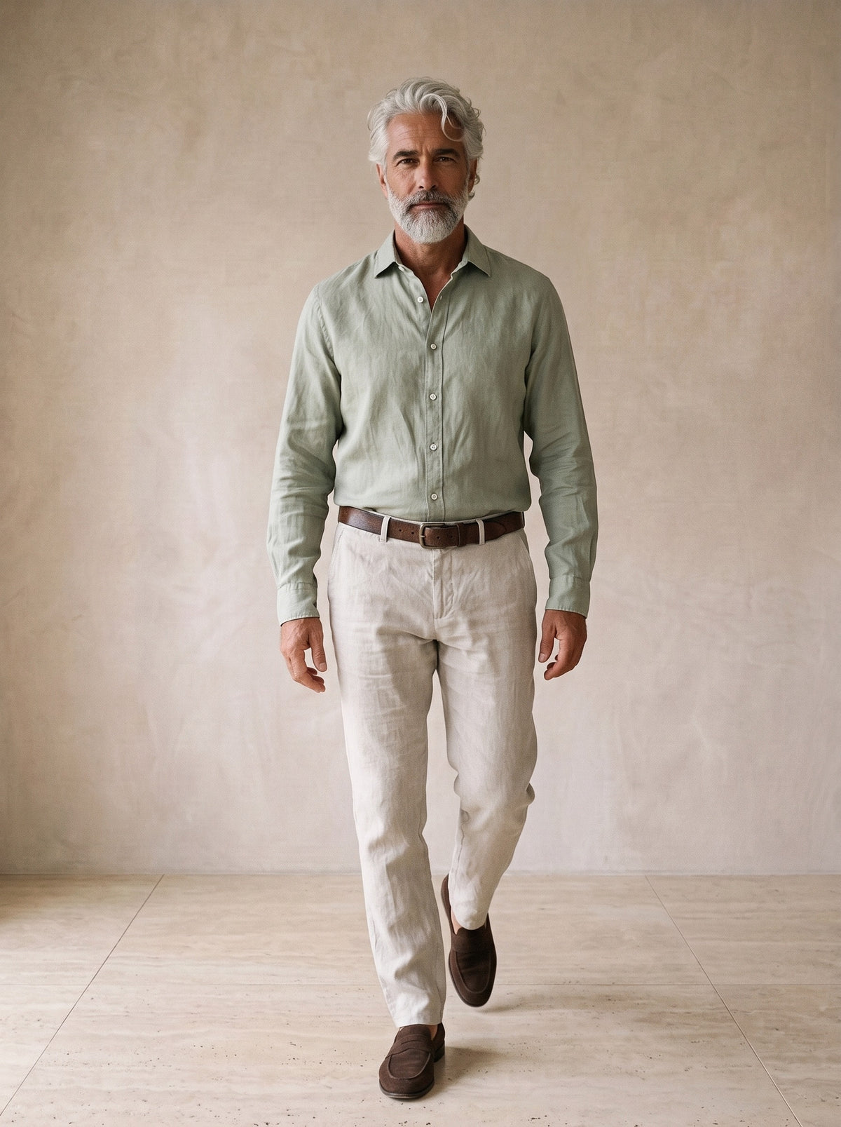 Verde | Camisa social de linho slim Marselha verde – corpo inteiro, modelo caminhando
