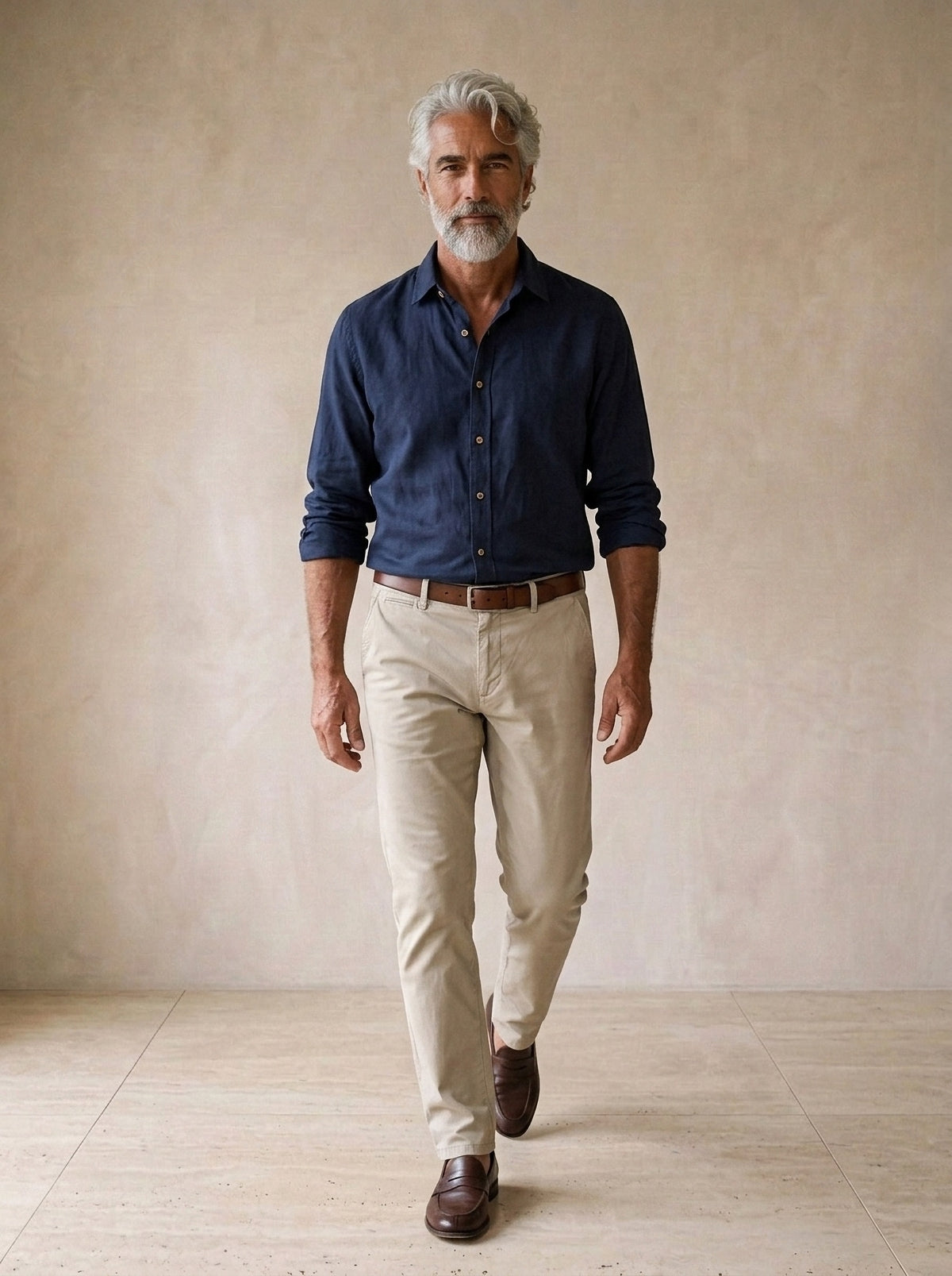 Azul-marinho | Camisa social Ménerbes azul-marinho – corpo inteiro, modelo caminhando