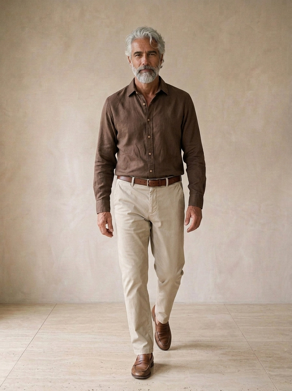 Marrom | Camisa social Ménerbes marrom – corpo inteiro, modelo caminhando