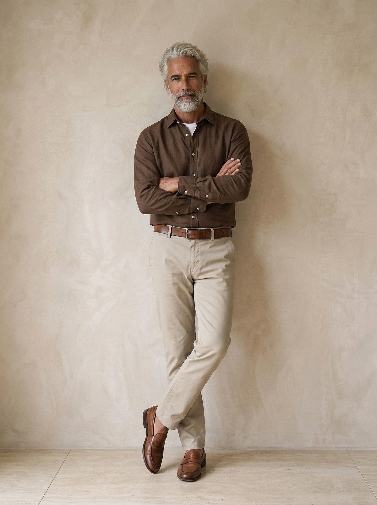 Marrom | Camisa social Ménerbes marrom – modelo encostado na parede