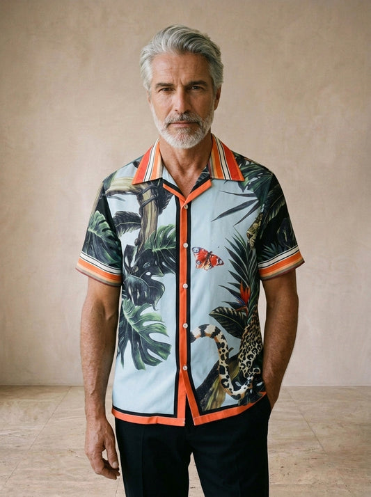 Camisa estampa tropical Morella – vista de frente, recorte próximo