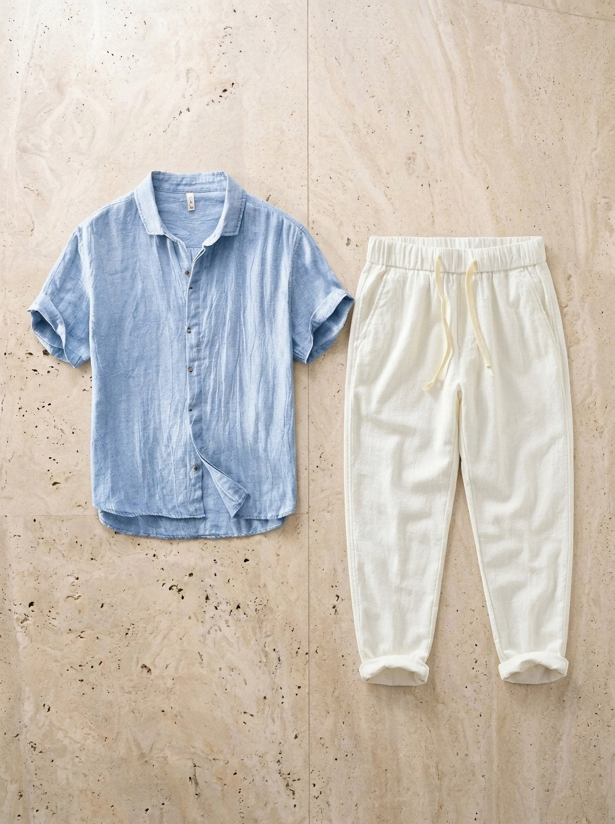 Camisa azul-claro, calça off-white | Conjunto de linho Mykonos camisa azul-claro, calça off-white – peça sozinha vista de cima