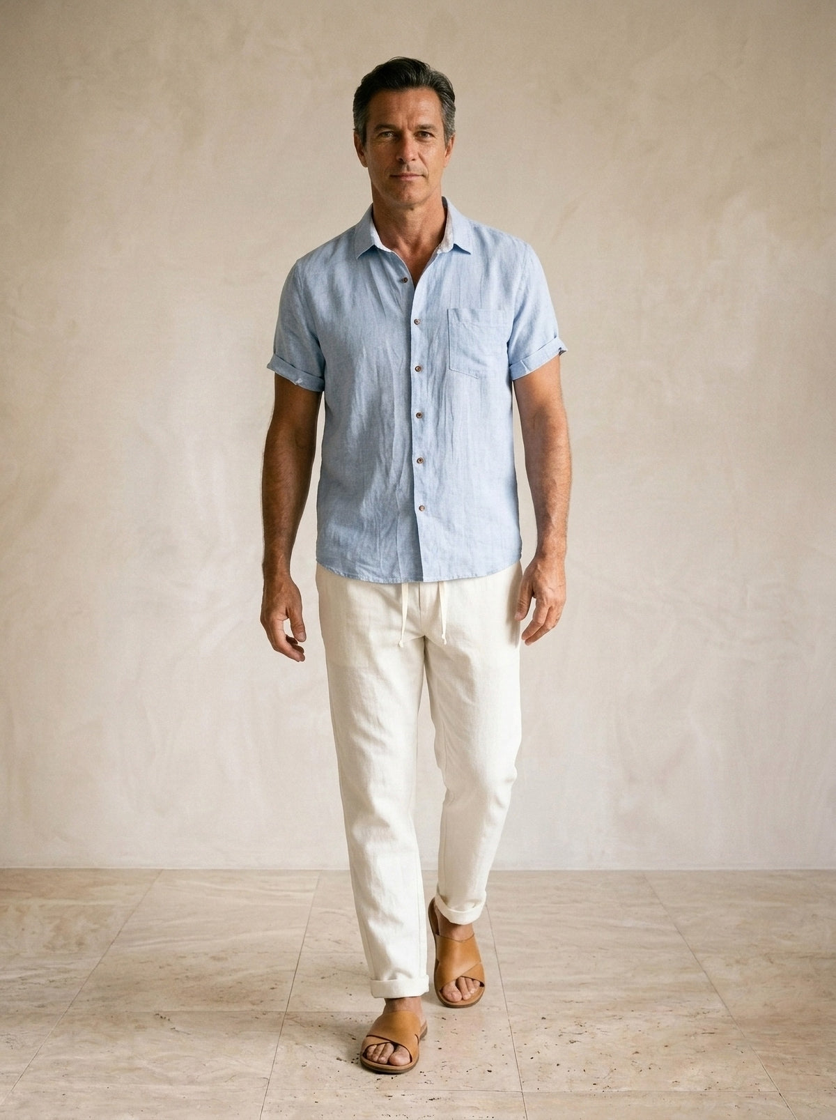 Camisa azul-claro, calça off-white | Conjunto de linho Mykonos camisa azul-claro, calça off-white – corpo inteiro, modelo caminhando