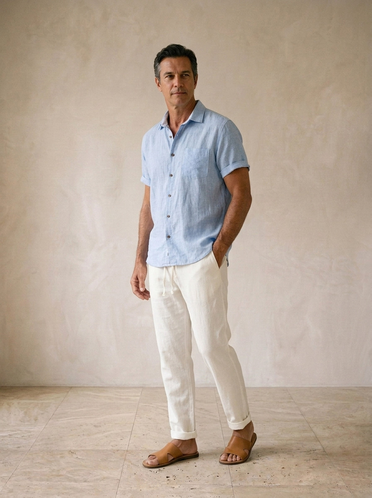 Camisa azul-claro, calça off-white | Conjunto de linho Mykonos camisa azul-claro, calça off-white – vista três quartos
