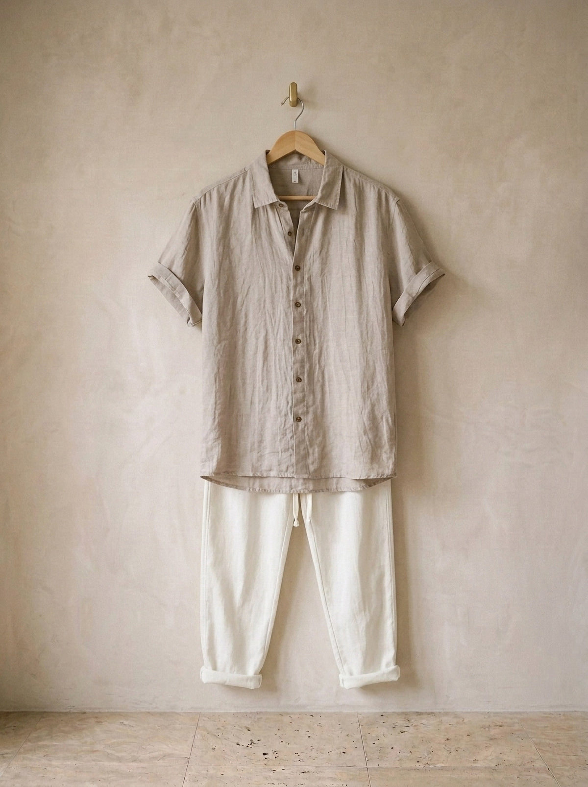 Camisa bege, calça off-white | Conjunto de linho Mykonos camisa bege, calça off-white – peça sozinha, foto de produto