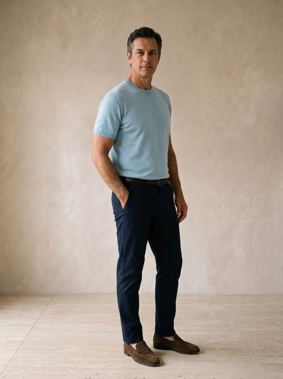 Azul | Camiseta de tricot Myrdal azul – vista três quartos