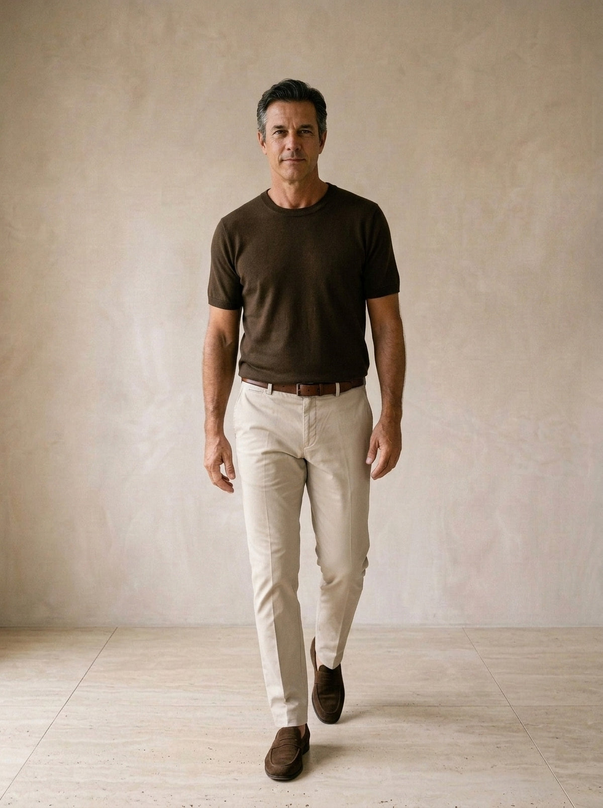 Marrom | Camiseta de tricot Myrdal marrom – corpo inteiro, modelo caminhando