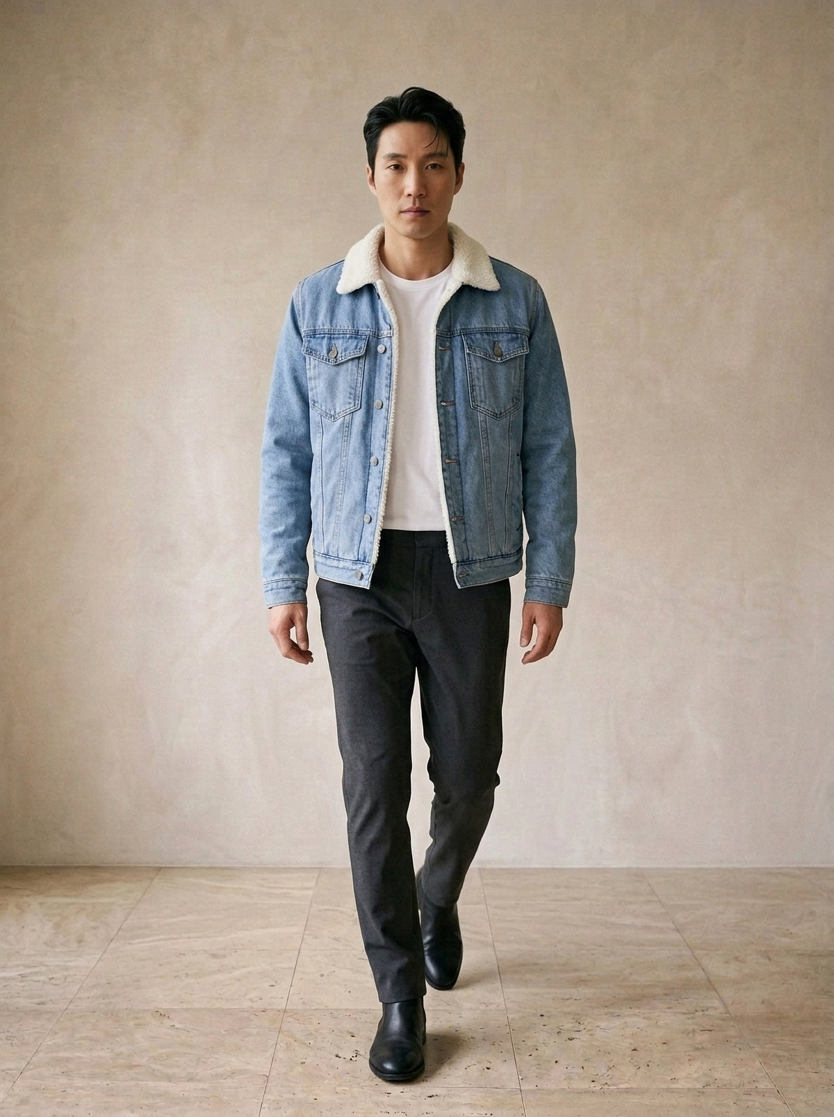 Jeans claro | Jaqueta jeans forrada Namur jeans claro – corpo inteiro, modelo caminhando