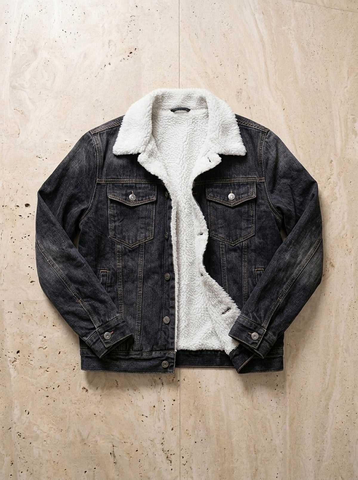 Preto | Jaqueta jeans forrada Namur preto – peça sozinha vista de cima