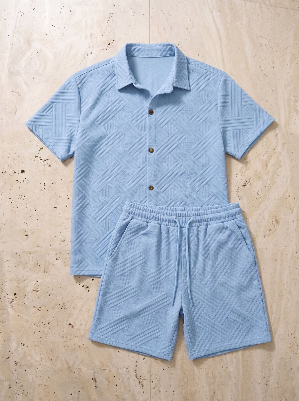 Azul-claro | Conjunto camisa de tricô e short Nerja azul-claro – peça sozinha vista de cima