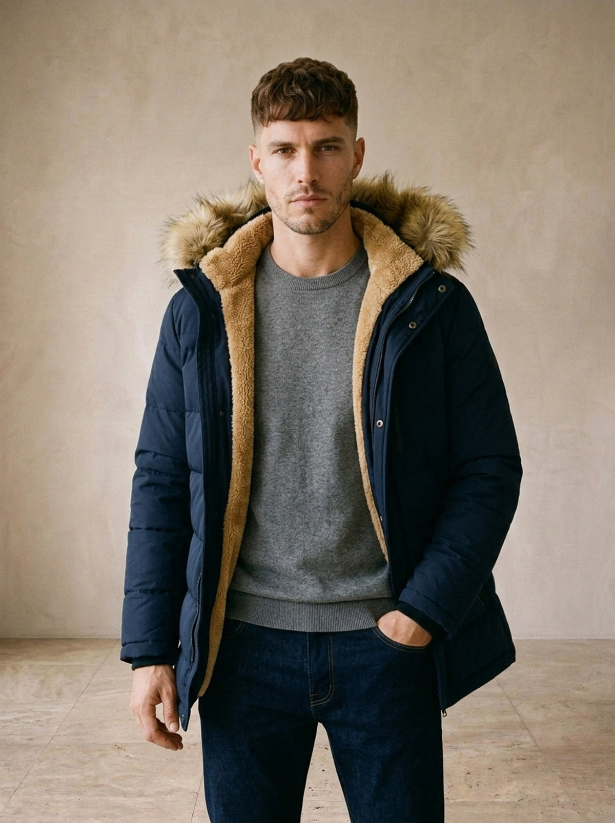 Azul-marinho | Parka com capuz de pelo Nijmegen azul-marinho – vista de frente, recorte próximo