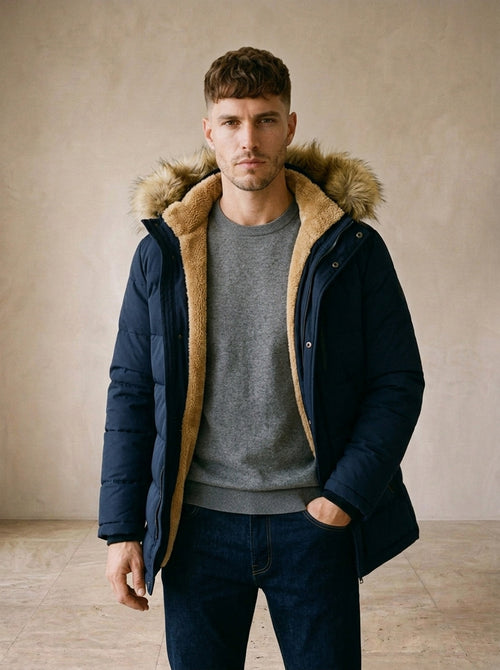 Azul-marinho | Parka com capuz de pelo Nijmegen azul-marinho – vista de frente, recorte próximo