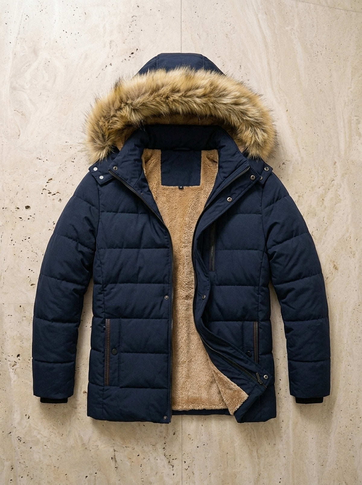 Azul-marinho | Parka com capuz de pelo Nijmegen azul-marinho – peça sozinha vista de cima