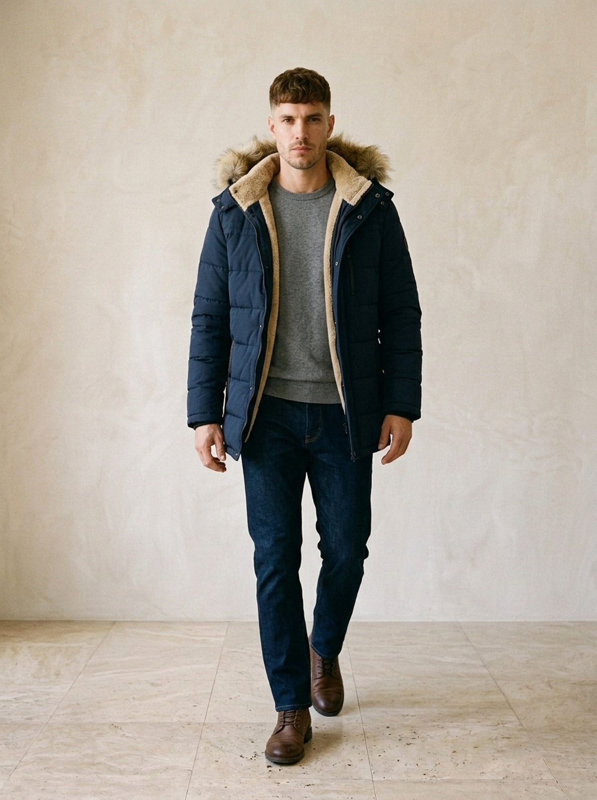 Azul-marinho | Parka com capuz de pelo Nijmegen azul-marinho – corpo inteiro, modelo caminhando