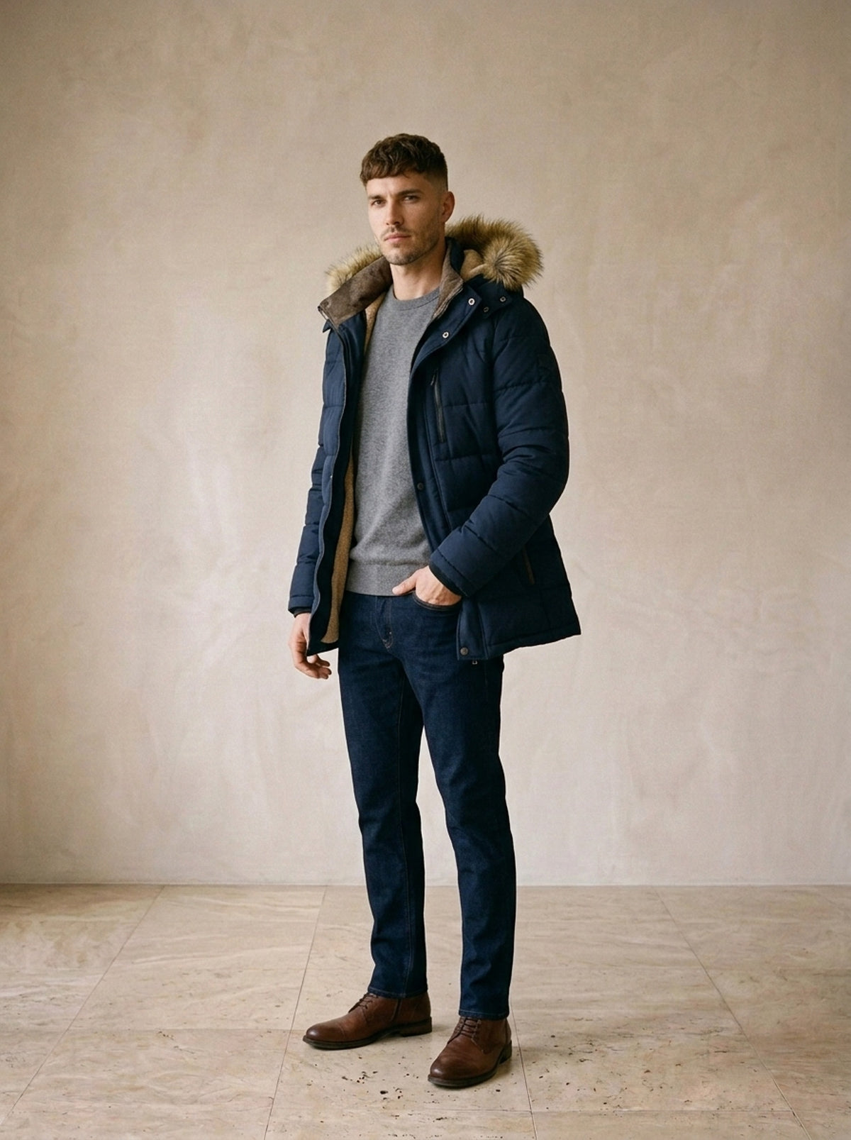 Azul-marinho | Parka com capuz de pelo Nijmegen azul-marinho – vista três quartos