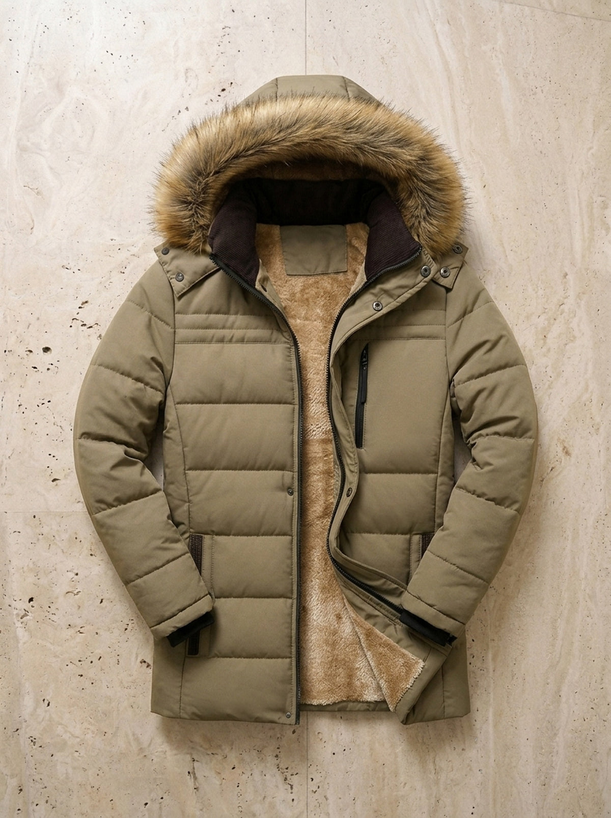 Caqui | Parka com capuz de pelo Nijmegen caqui – peça sozinha vista de cima