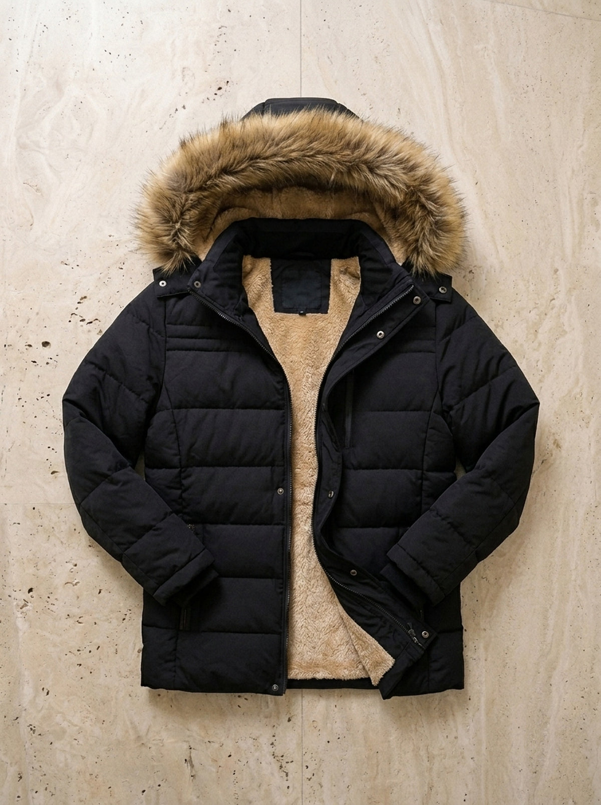Preto | Parka com capuz de pelo Nijmegen preto – peça sozinha vista de cima
