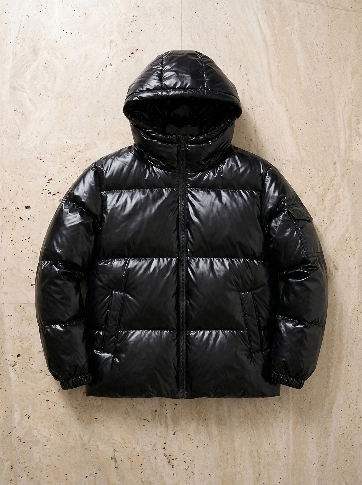 Preto | Jaqueta puffer brilhante com capuz Odense preto – peça sozinha vista de cima