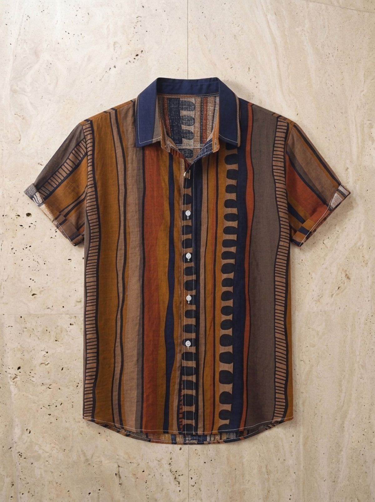 Azul-marinho | Camisa listrada étnica Oristano azul-marinho – peça sozinha vista de cima