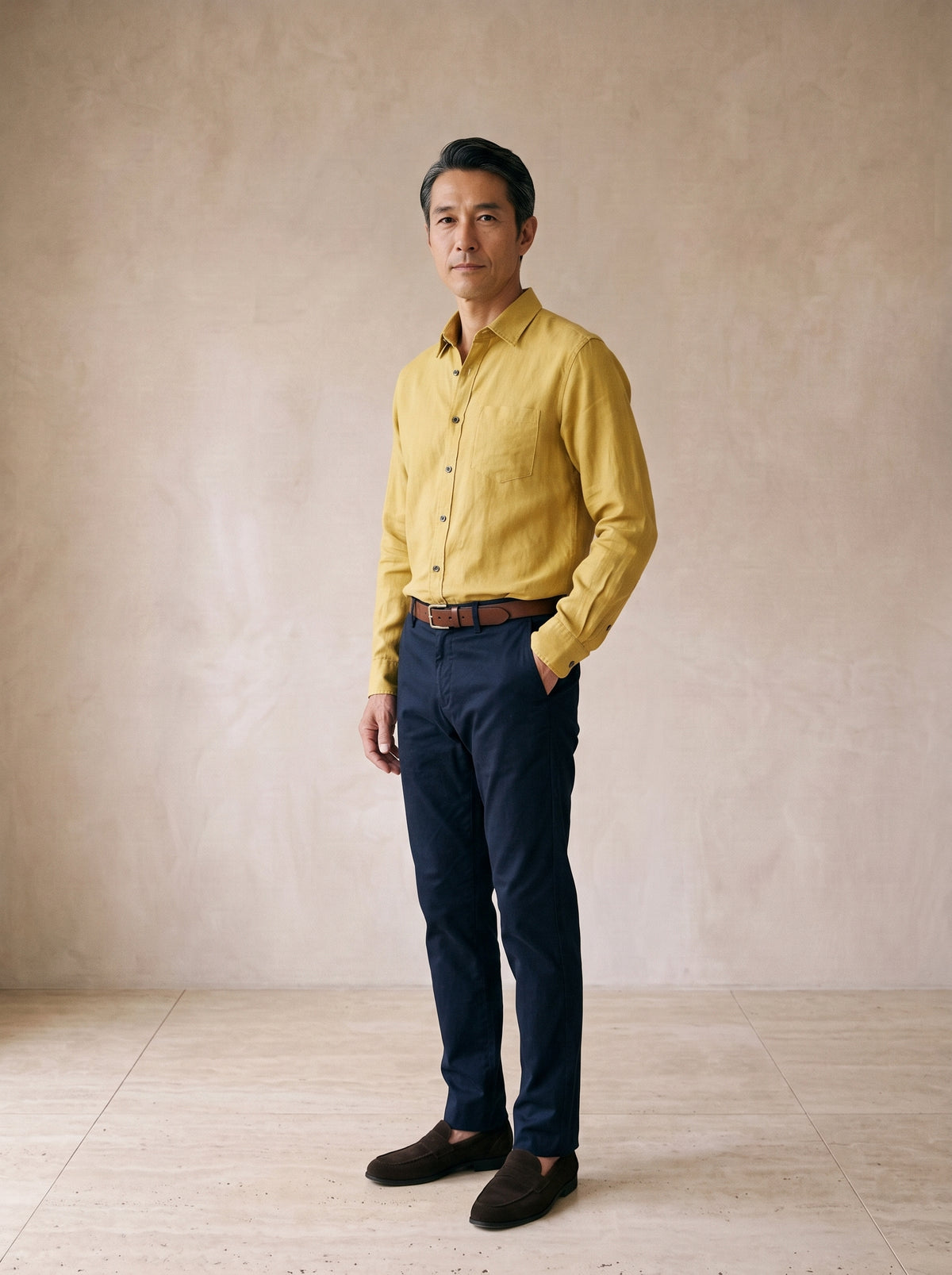 Amarelo | Camisa de linho e algodão manga longa Oslo amarelo – vista três quartos