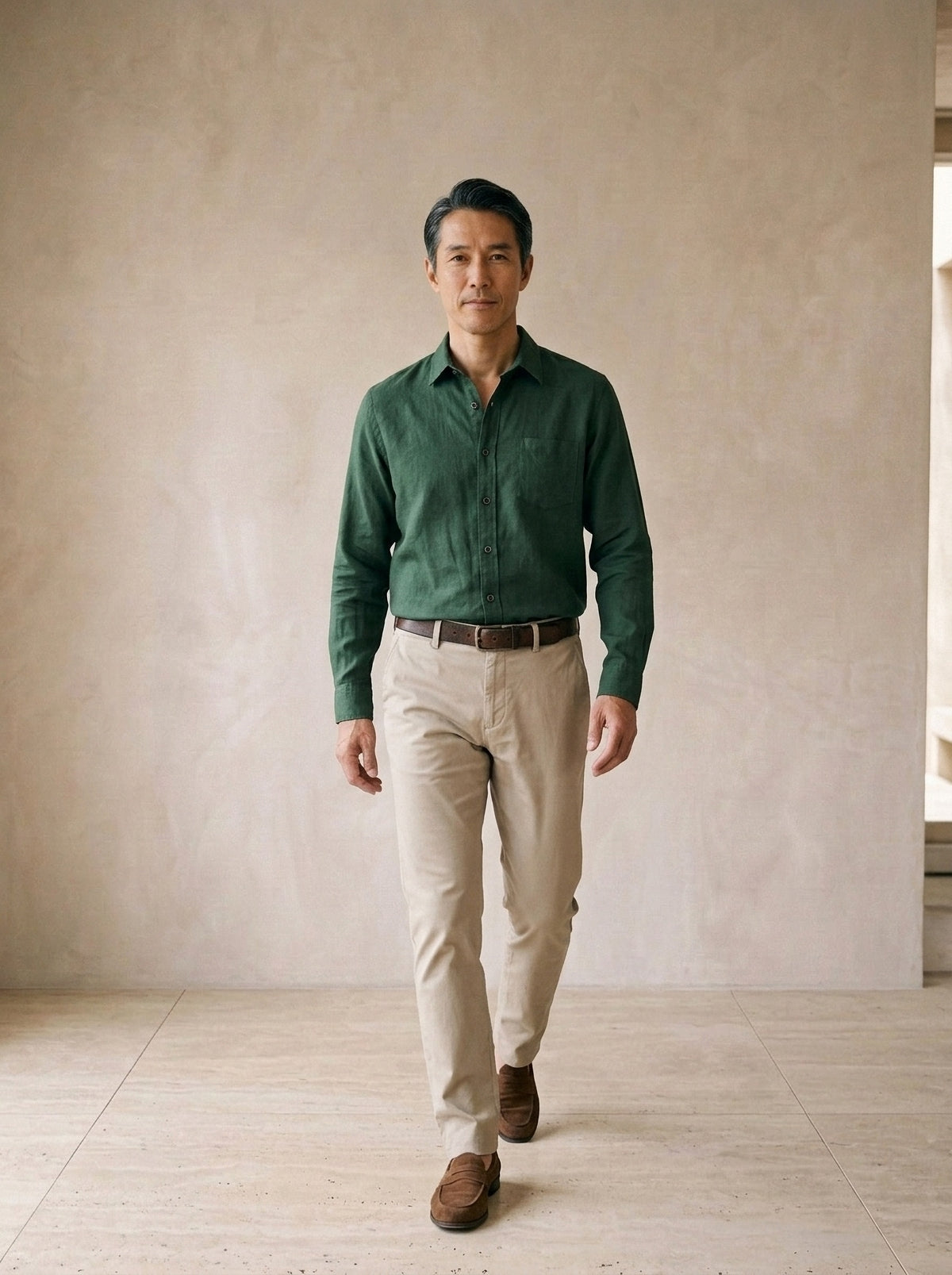 Verde-escuro | Camisa de linho e algodão manga longa Oslo verde-escuro – corpo inteiro, modelo caminhando