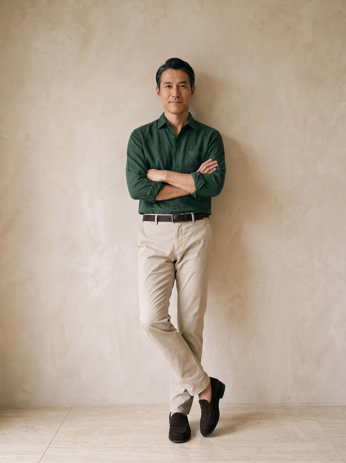 Verde-escuro | Camisa de linho e algodão manga longa Oslo verde-escuro – modelo encostado na parede