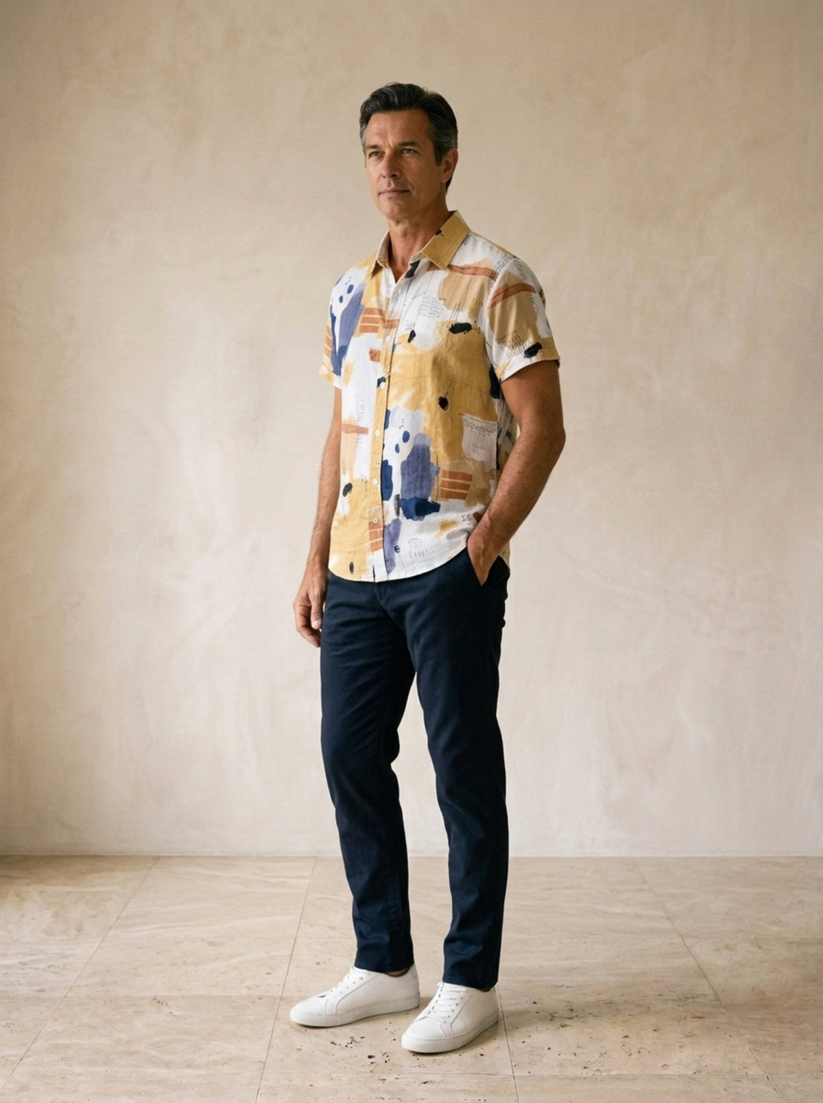 Amarelo | Camisa estampa abstrata Palermo amarelo – vista três quartos