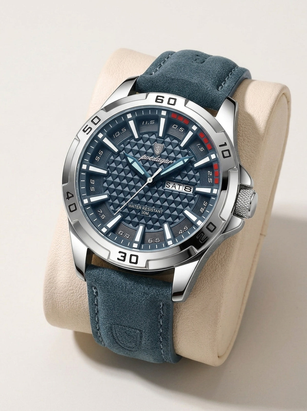 Prata e azul | Relógio de aço com pulseira de couro Parga prata e azul – foto de produto
