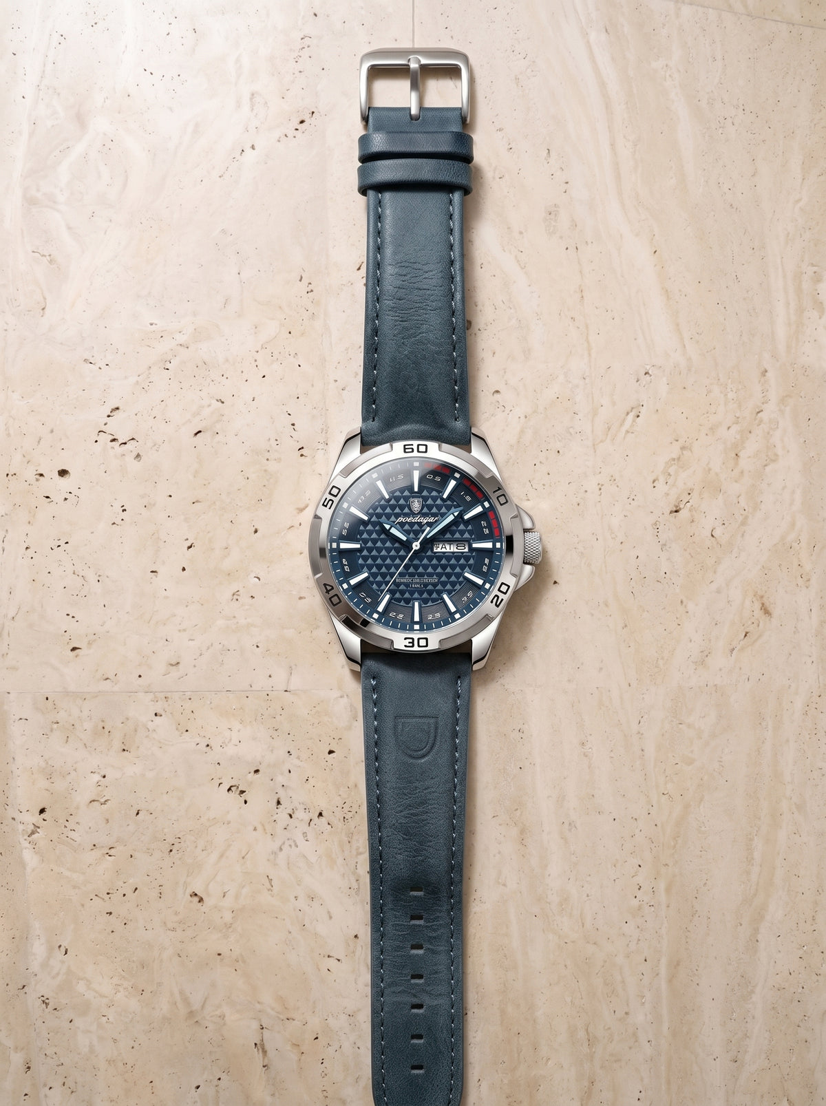Prata e azul | Relógio de aço com pulseira de couro Parga prata e azul – relógio visto de cima