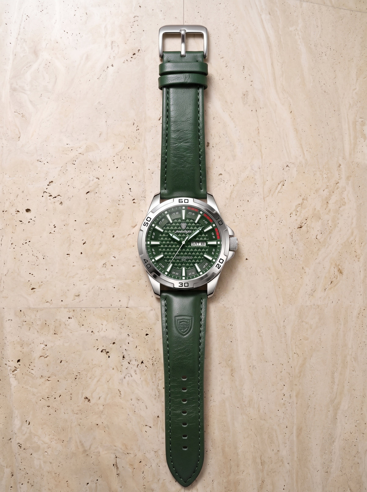 Prata e verde | Relógio de aço com pulseira de couro Parga prata e verde – relógio visto de cima