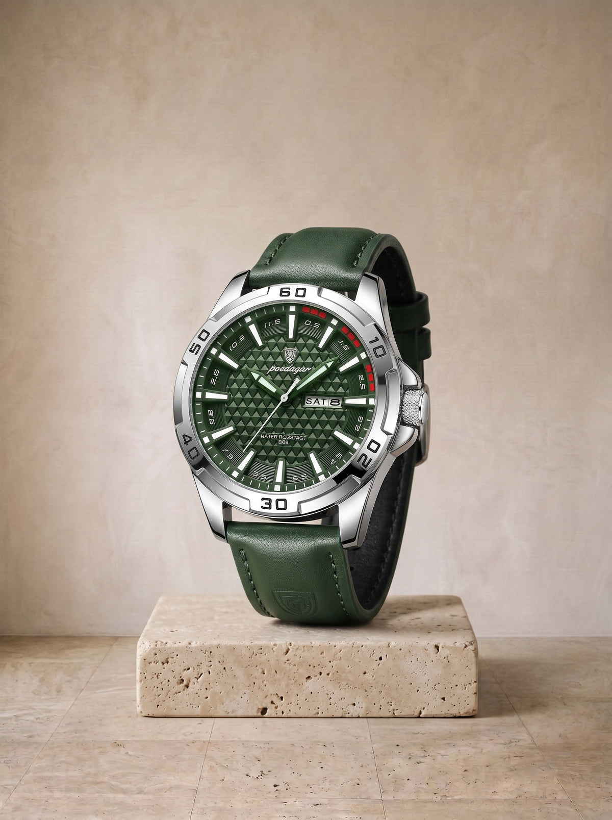 Prata e verde | Relógio de aço com pulseira de couro Parga prata e verde – relógio sozinho, foto de produto