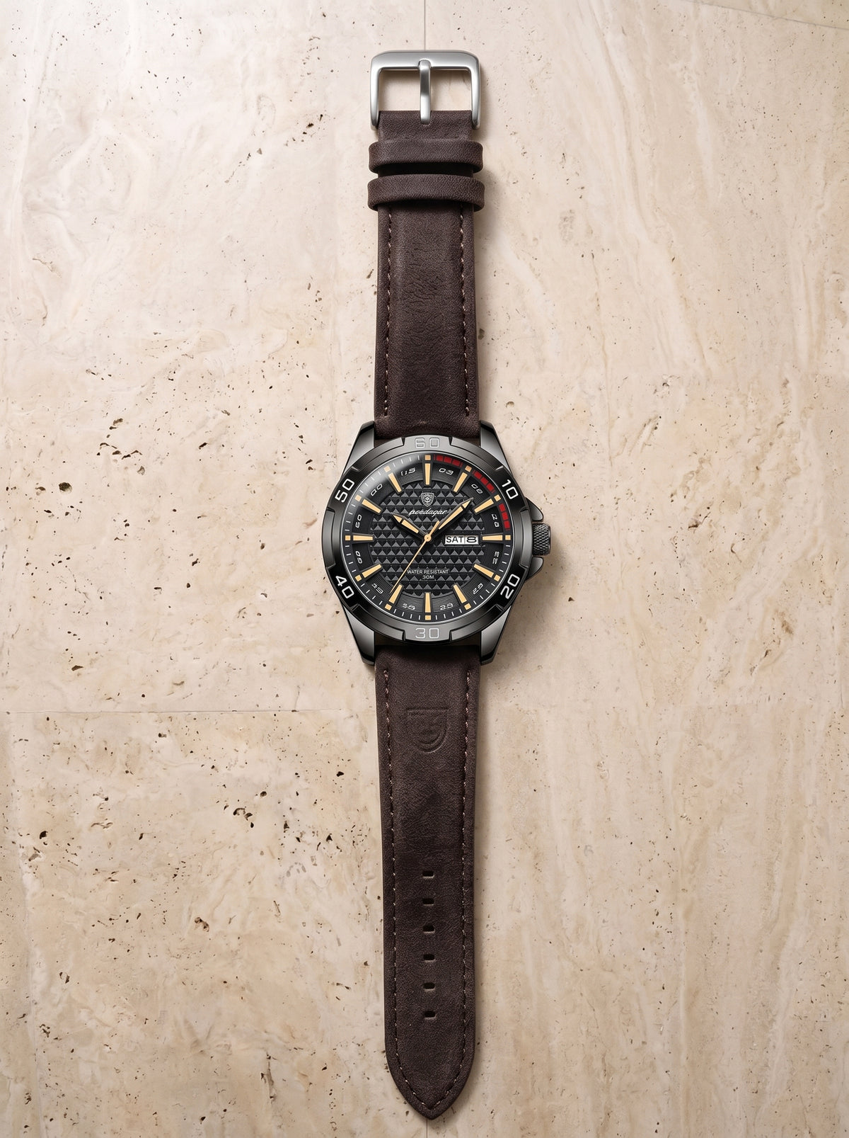 Preto e dourado | Relógio de aço com pulseira de couro Parga preto e dourado – relógio visto de cima