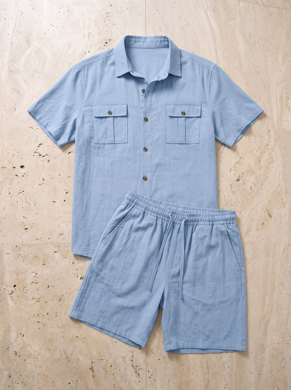 Azul-claro | Conjunto camisa com bolsos e short de linho Paxos azul-claro – peça sozinha vista de cima