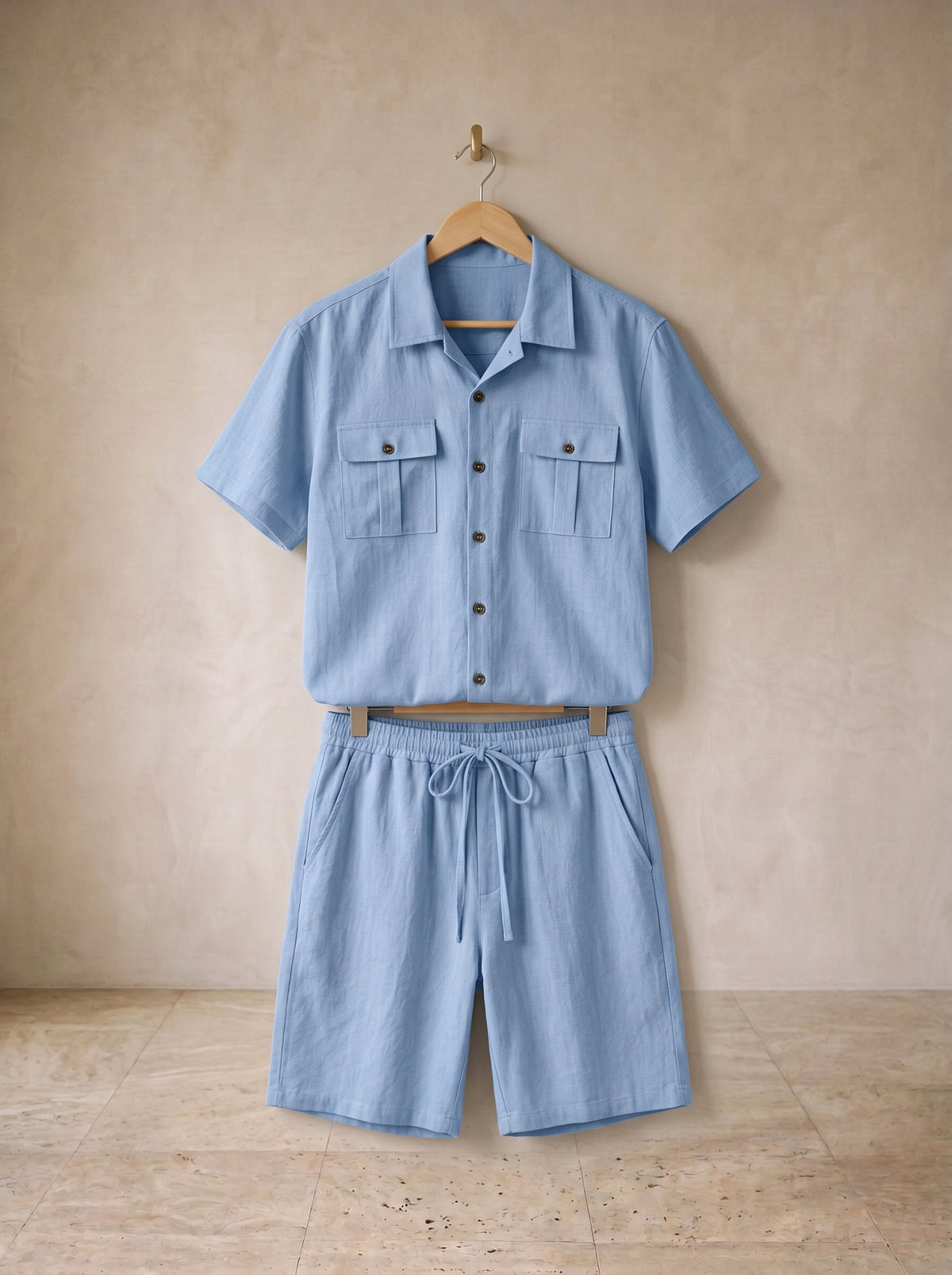 Azul-claro | Conjunto camisa com bolsos e short de linho Paxos azul-claro – peça sozinha, foto de produto