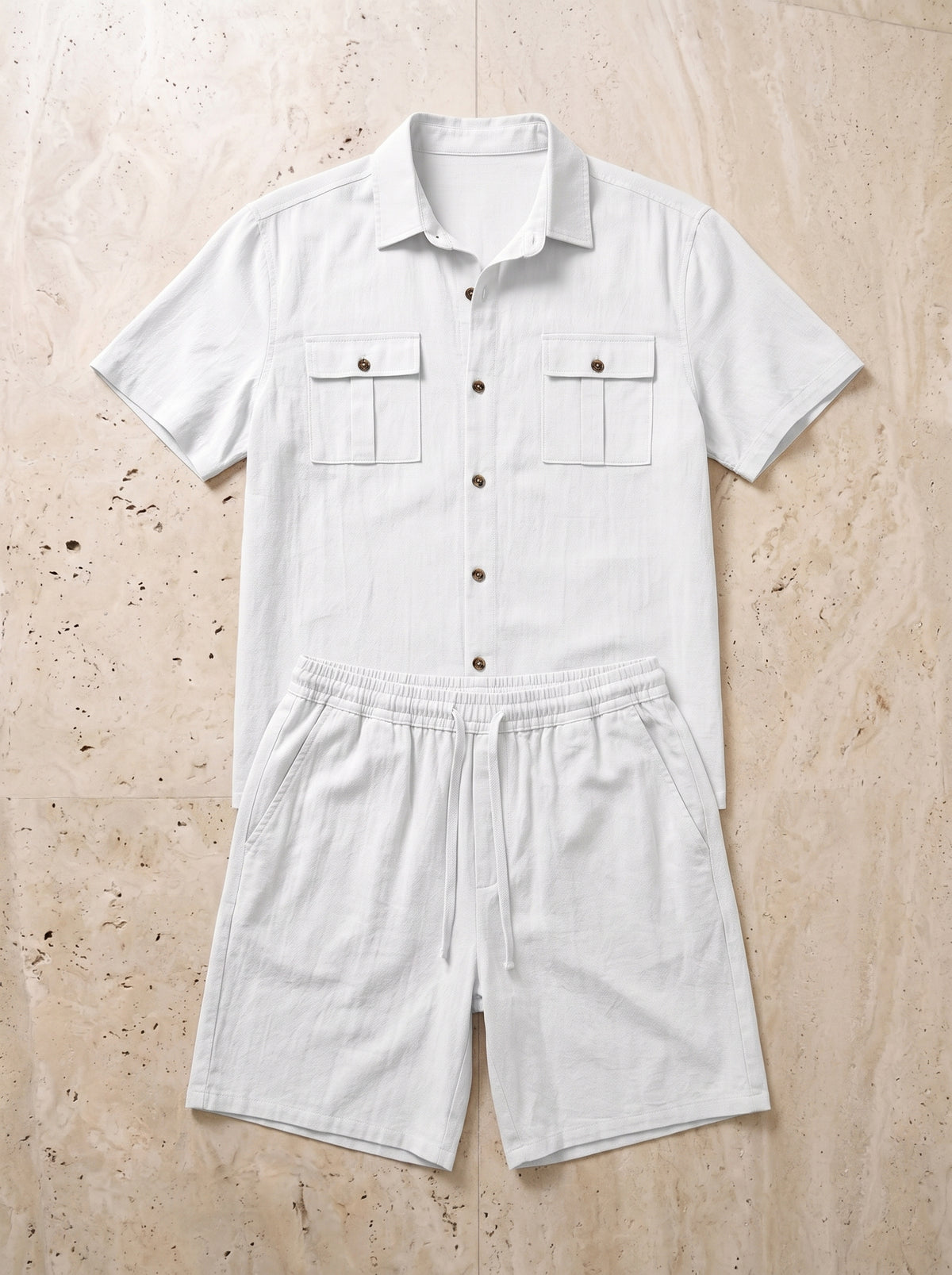 Branco | Conjunto camisa com bolsos e short de linho Paxos branco – peça sozinha vista de cima