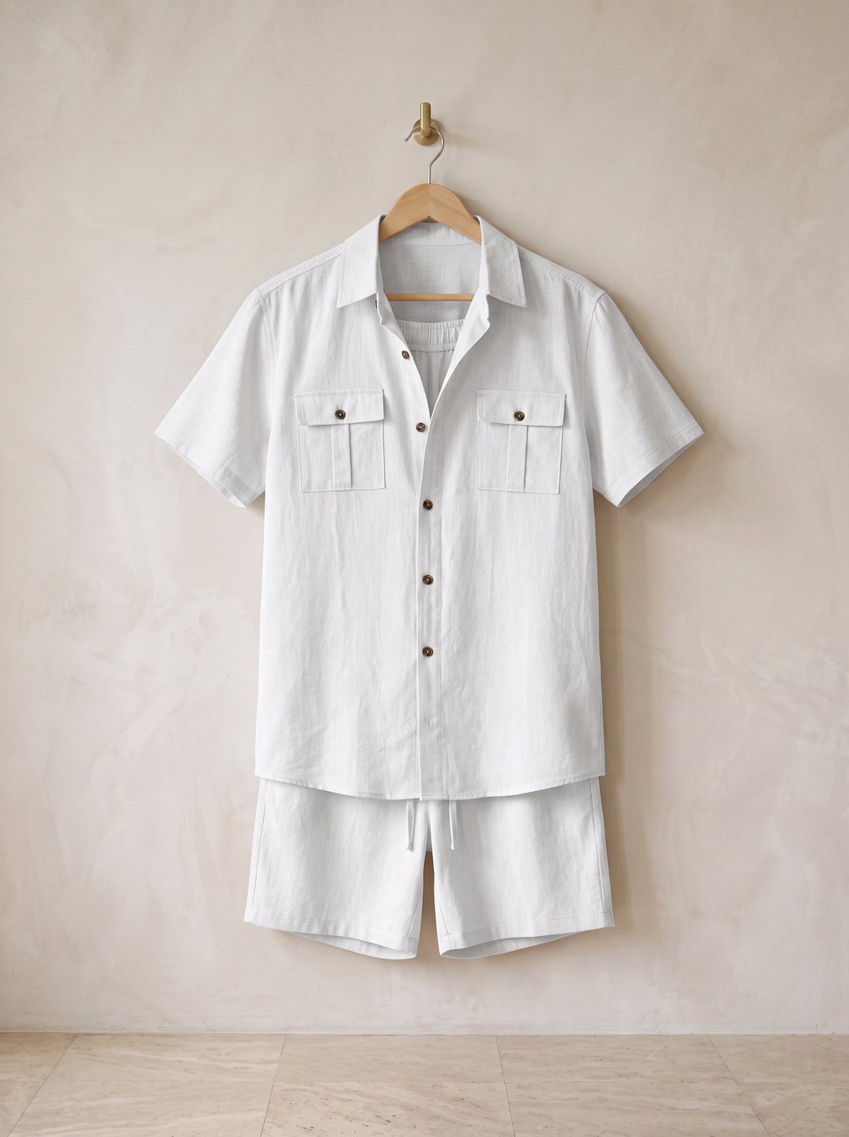 Branco | Conjunto camisa com bolsos e short de linho Paxos branco – peça sozinha, foto de produto