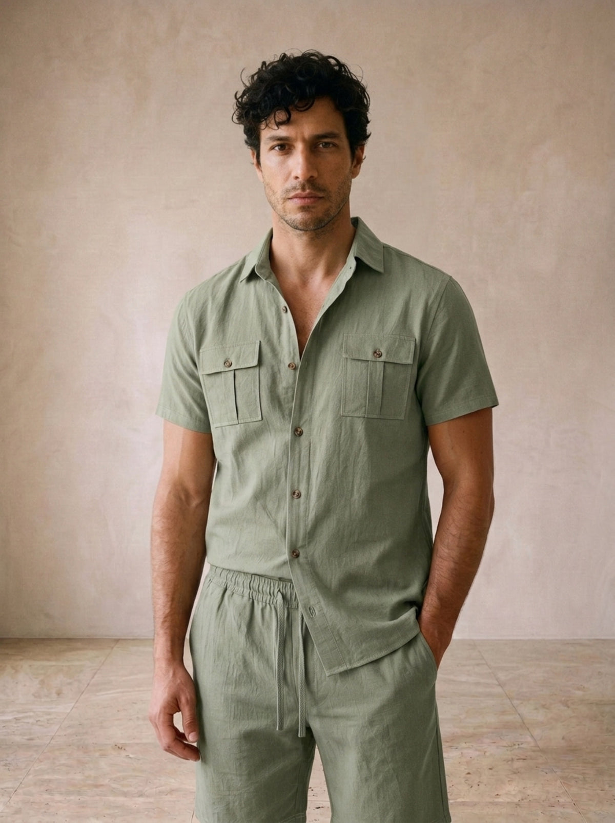 Verde-sálvia | Conjunto camisa com bolsos e short de linho Paxos verde-sálvia – no corpo, vista de frente