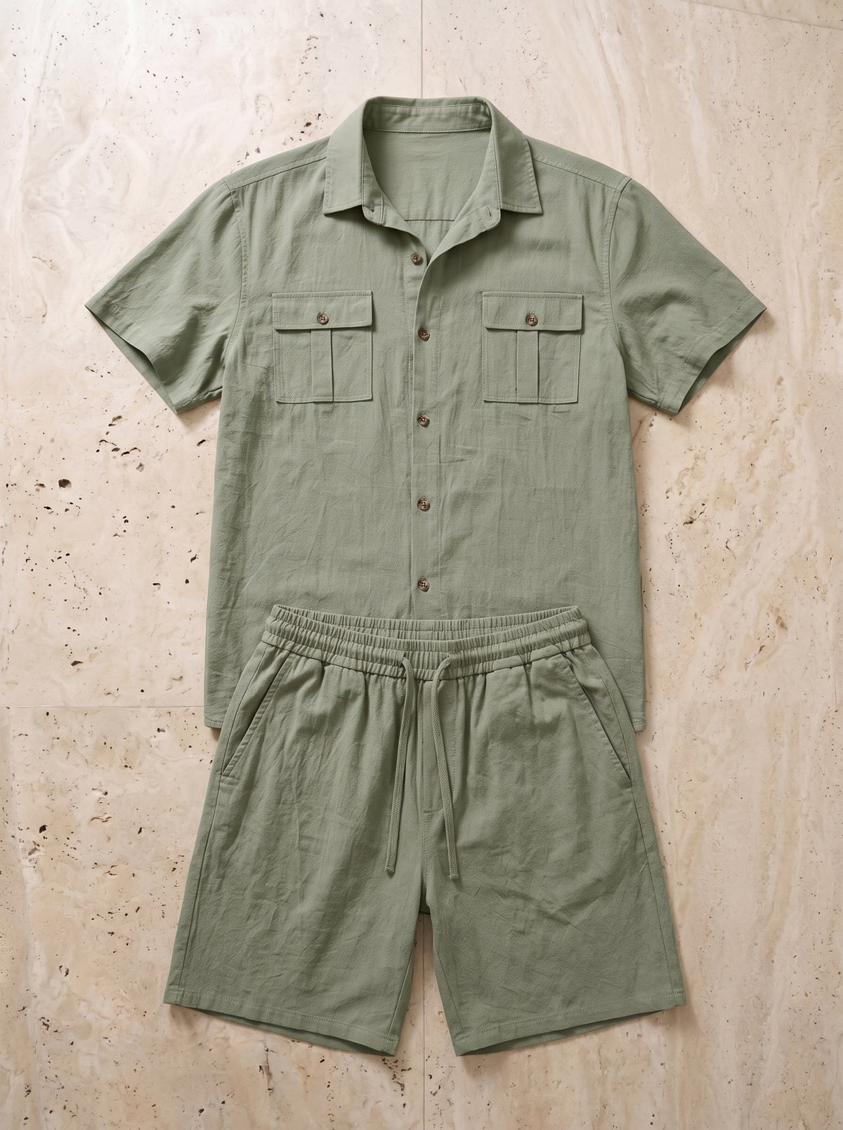 Verde-sálvia | Conjunto camisa com bolsos e short de linho Paxos verde-sálvia – peça sozinha vista de cima