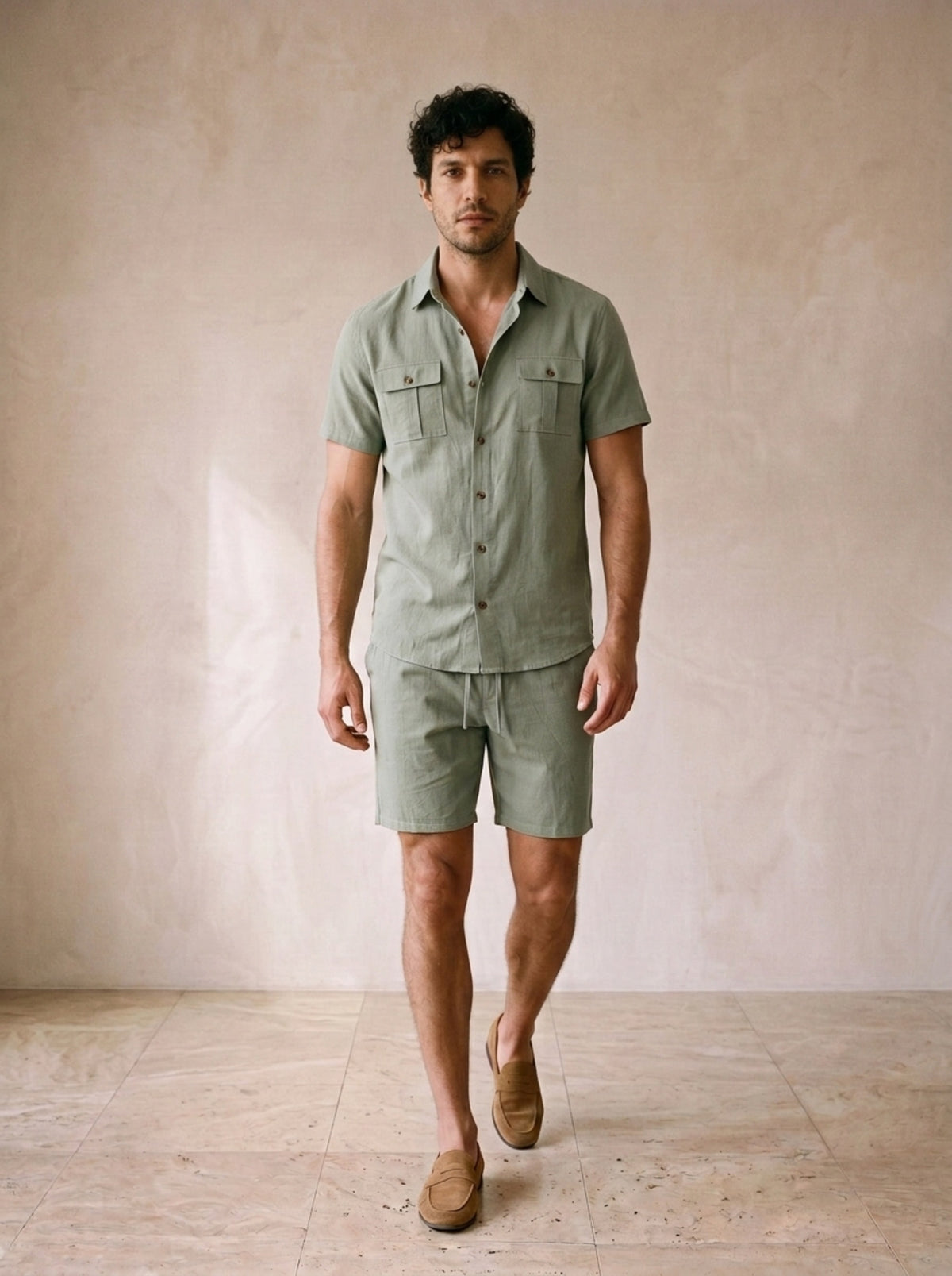 Verde-sálvia | Conjunto camisa com bolsos e short de linho Paxos verde-sálvia – corpo inteiro, modelo caminhando