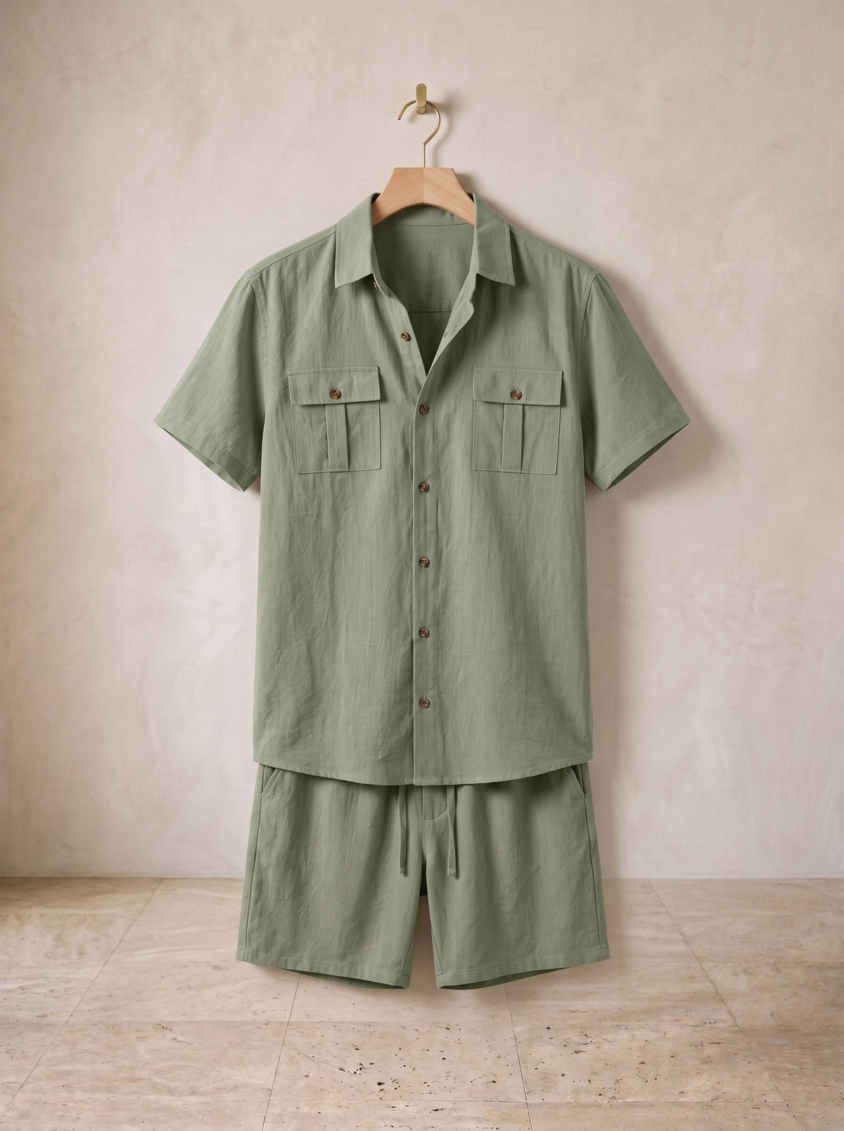 Verde-sálvia | Conjunto camisa com bolsos e short de linho Paxos verde-sálvia – peça sozinha, foto de produto