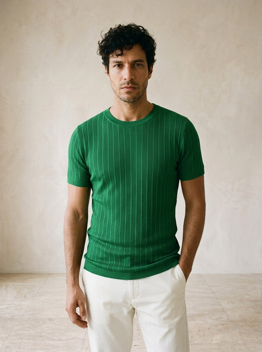 Verde | Camiseta de tricô Perugia verde – vista de frente, recorte próximo