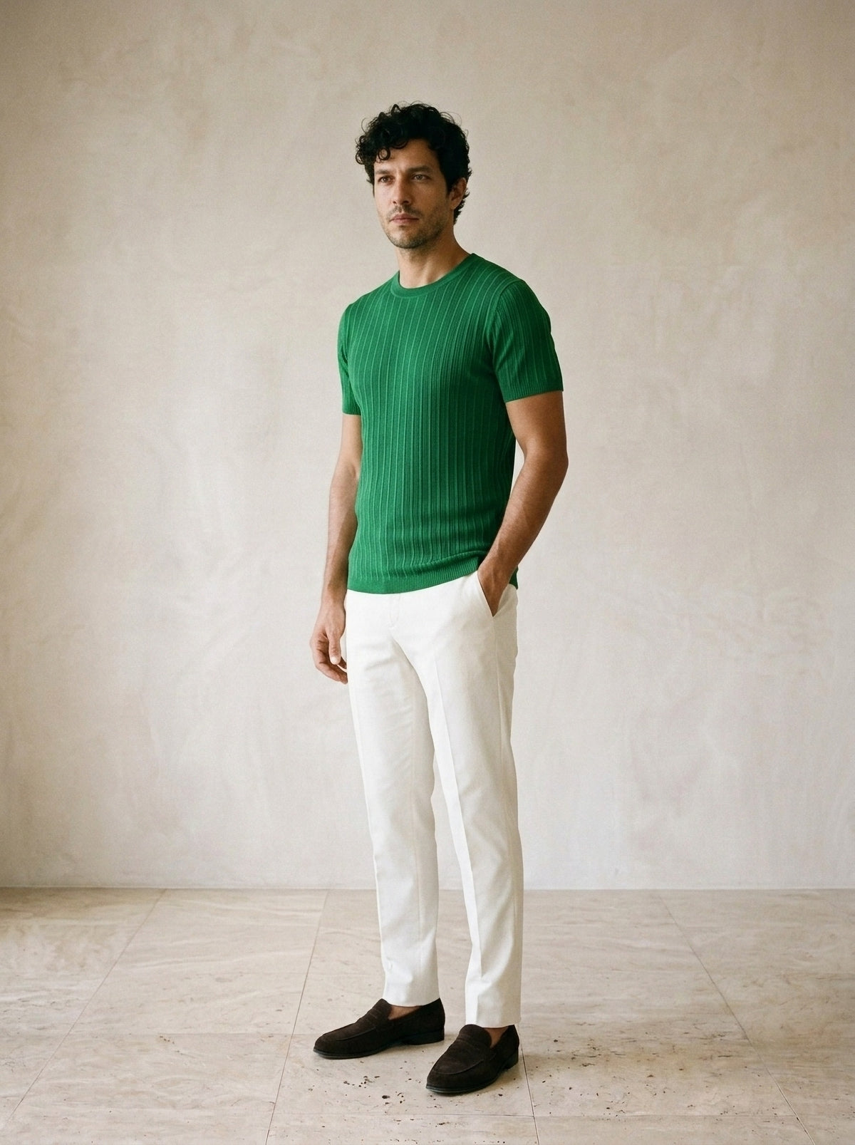 Verde | Camiseta de tricô Perugia verde – vista três quartos
