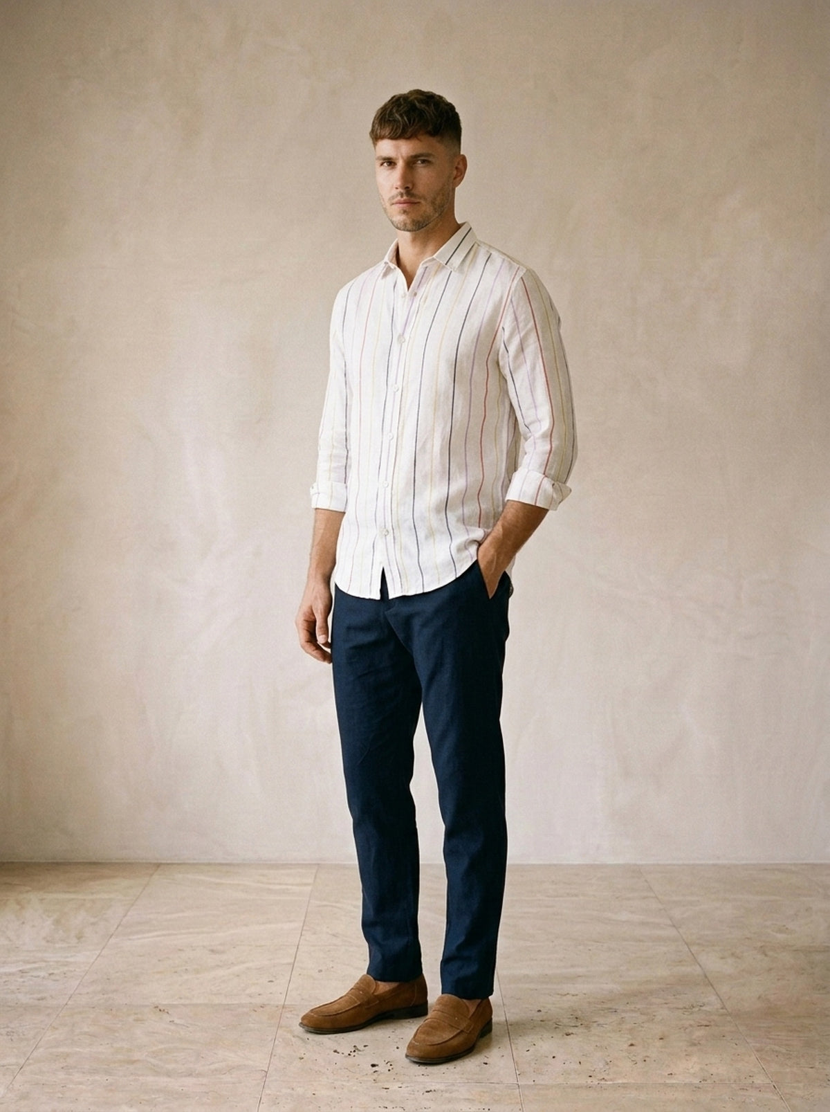 Branco | Camisa de linho listras finas Pienza branco – vista três quartos